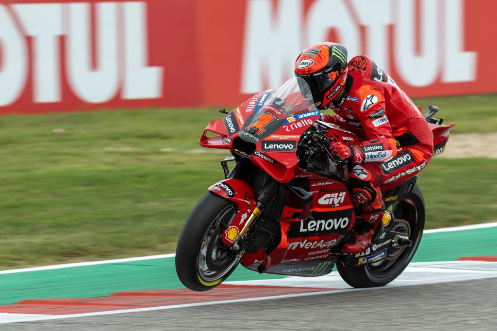 AUSTIN, TX - APRIL 14: Francesco Bagnaia (1) of Italy and Ducati Lenovo Team pops a wheelie while speeding away from turn 11 during Free Practice 2 of the MotoGP Red Bull Grand Prix of the Americas on April 14, 2023, at Circuit of The Americas in Austin, Texas. (Photo by David Buono/Icon Sportswire via Getty Images)