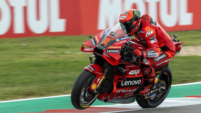 AUSTIN, TX - APRIL 14: Francesco Bagnaia (1) of Italy and Ducati Lenovo Team pops a wheelie while speeding away from turn 11 during Free Practice 2 of the MotoGP Red Bull Grand Prix of the Americas on April 14, 2023, at Circuit of The Americas in Austin, Texas. (Photo by David Buono/Icon Sportswire via Getty Images)