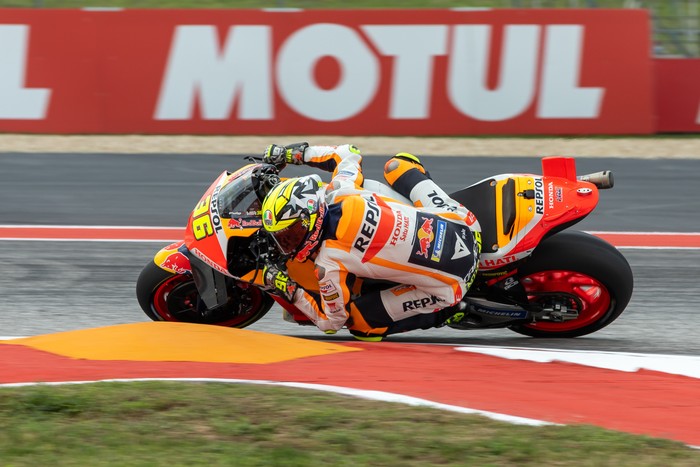 AUSTIN, TX - APRIL 14: Joan Mir (36) of Spain and Repsol Honda Team rides through turn 11 during Free Practice 2 of the MotoGP Red Bull Grand Prix of the Americas on April 14, 2023, at Circuit of The Americas in Austin, Texas. (Photo by David Buono/Icon Sportswire via Getty Images)