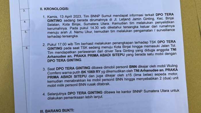 Kertas berisi kronologi penangkapan Tera Ginting, pemilik tempat judi di Deli Serdang. (Foto: Istimewa)