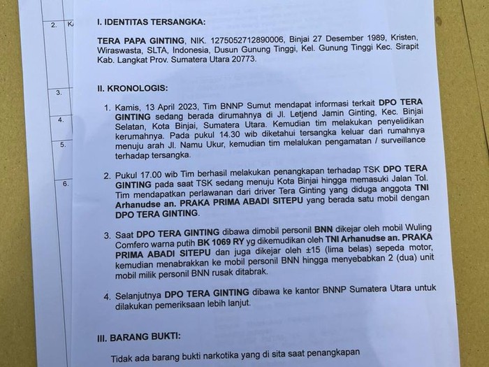 Kertas berisi kronologi penangkapan Tera Ginting, pemilik tempat judi di Deli Serdang. (Foto: Istimewa)