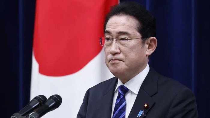 ILE - Japans Prime Minister Fumio Kishida attends a joint news conference with South Koreas President Yoon Suk Yeol at the prime ministers official residence in Tokyo March 16, 2023. Japan’s NHK television reported Saturday, April 15, 2023, that a loud explosion at a western Japanese port during Prime Minister Fumio Kishida’s visit, but there were no injuries. (Kiyoshi Ota/Pool Photo via AP, File)