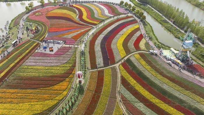 YANCHENG, CHINA - APRIL 15: Tourists enjoy the scenery of blooming tulips at a botanical garden on April 15, 2023 in Yancheng, Jiangsu Province of China. (Photo by VCG/VCG via Getty Images)