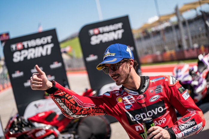 AUSTIN, TEXAS - APRIL 15: Francesco Bagnaia of Italy and Ducati Lenovo Team thumbs up after his win during the Sprint of the MotoGP Red Bull Grand Prix of The Americas at Circuit of The Americas on April 15, 2023 in Austin, Texas. (Photo by Steve Wobser/Getty Images)
