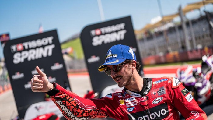 AUSTIN, TEXAS - APRIL 15: Francesco Bagnaia of Italy and Ducati Lenovo Team thumbs up after his win during the Sprint of the MotoGP Red Bull Grand Prix of The Americas at Circuit of The Americas on April 15, 2023 in Austin, Texas. (Photo by Steve Wobser/Getty Images)