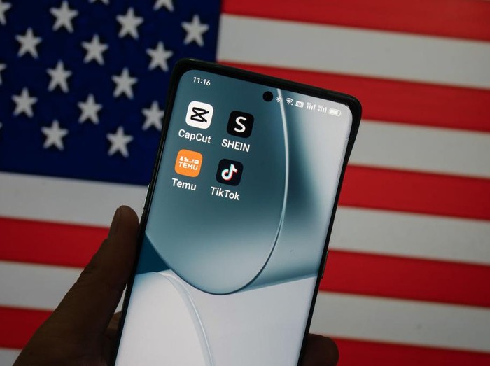SHANGHAI, CHINA - APRIL 15, 2023 - Photo taken on April 15, 2023 shows Tiktok, the overseas version of Douyin, Editing software CapCut, the overseas version of Tiktok, Shein, the cross-border fast fashion retailer, and Temu, the cross-border e-commerce platform of Pin-duo, installed on a smartphone in Shanghai, China. These four overseas apps from Chinese companies occupied the top four spots on the mobile APP download charts in the US in March. (Photo credit should read CFOTO/Future Publishing via Getty Images)