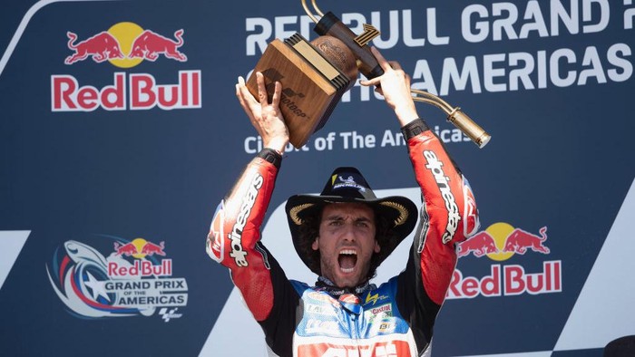Alex Rins AUSTIN, TEXAS - APRIL 16: Alex Rins of Spain and LCR Honda Castrol celebrates the victory on the podium at the end of the MotoGP race during the MotoGP Of The Americas - Race on April 16, 2023 in Austin, Texas. (Photo by Mirco Lazzari gp/Getty Images)