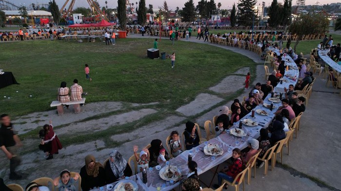 MOSUL, IRAQ - APRIL 16: An aerial view of the area as an iftar dinner is given for orphan children and families in need, in Mosul, Iraq on April 16, 2023. (Photo by Ismael Adnan Yaqoob/Anadolu Agency via Getty Images)