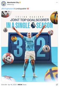 Dua gol yang dilesakan Striker Man City Erling Haaland membuatnya sejajar sebagai pencetak gol terbanyak dalam satu musim di Liga Inggris.