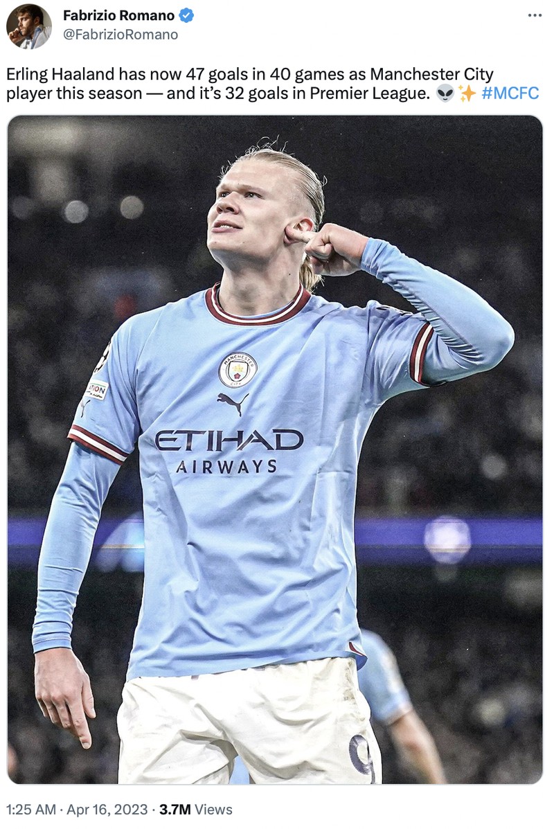 Dua gol yang dilesakan Striker Man City Erling Haaland membuatnya sejajar sebagai pencetak gol terbanyak dalam satu musim di Liga Inggris.