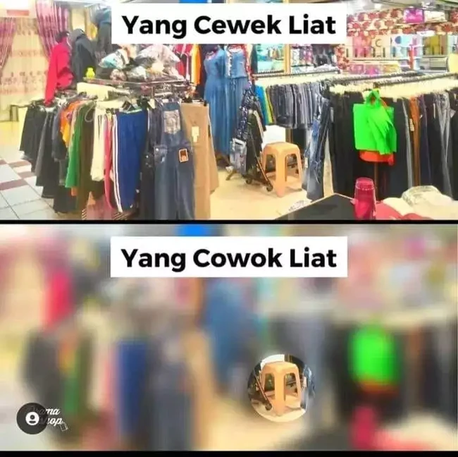 Perbedaan pandangan antara bapak-bapak dan ibu-ibu saat memasuki toko. Untuk bapak-bapak, selama ada kursi tandanya kamu selamat, nggak perlu nungguin sambil berdiri sampai pegal. Foto: Facebook/Muhamad Gilang Yusdika