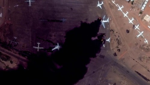Satellite image shows incinerated passenger planes at Khartoum International Airport in Khartoum, Sudan April 16, 2023, in this handout image. Courtesy of Maxar Technologies/Handout via REUTERS.  THIS IMAGE HAS BEEN SUPPLIED BY A THIRD PARTY. NO RESALES. NO ARCHIVES. MANDATORY CREDIT. MUST NO OBSCURE LOGO