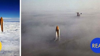 Gambar pesawat ulang-alik yang naik menembus awan menuju langit biru jernih ini merupakan gabungan dari dua foto. Foto: Reddit