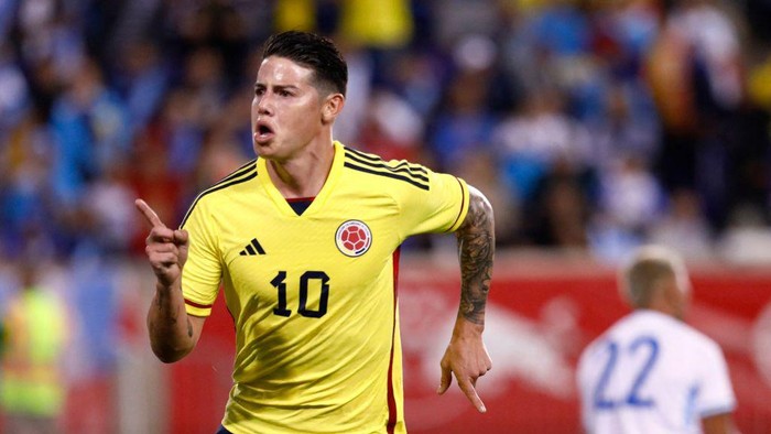 Colombias James Rodriguez celebrates his goal during the international friendly football match between Colombia and Guatemala at Red Bull Arena in Harrison, New Jersey, on September 24, 2022. (Photo by Andres Kudacki / AFP) (Photo by ANDRES KUDACKI/AFP via Getty Images)