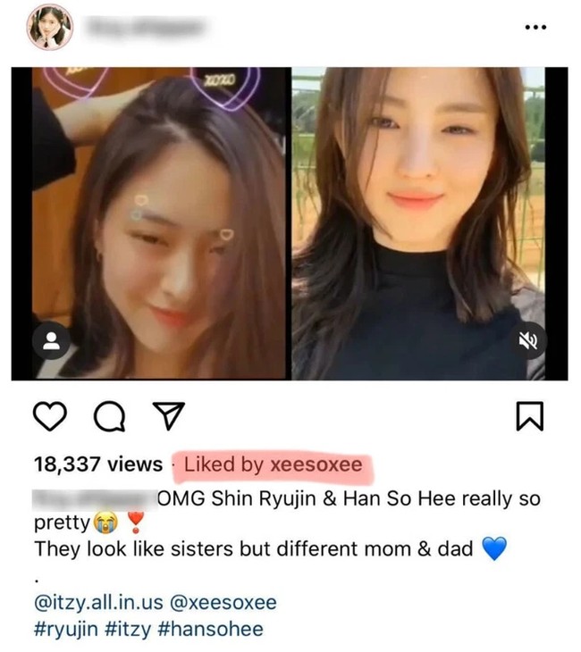 Han So Hee sendiri secara tak langsung mengakui kemiripannya dengan Ryujin ITZY. Sang aktris menyukai postingan penggemar yang membandingkan foto keduanya di Instagram. Foto: Instagram