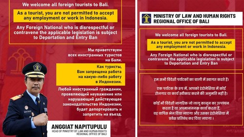Baliho Kemenkumham Bali dalam bahasan Rusia, Inggris, dan India.