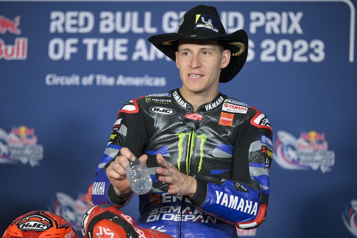 Third-place finisher Fabio Quartararo, of France, speaks during a news conference after the MotoGP Grand Prix of the Americas motorcycle race at Circuit of the Americas, Sunday, April 16, 2023, in Austin, Texas. (AP Photo/Darren Abate)