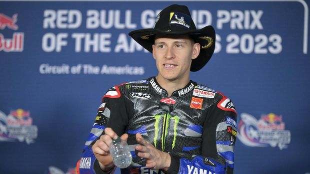 Third-place finisher Fabio Quartararo, of France, speaks during a news conference after the MotoGP Grand Prix of the Americas motorcycle race at Circuit of the Americas, Sunday, April 16, 2023, in Austin, Texas. (AP Photo/Darren Abate)