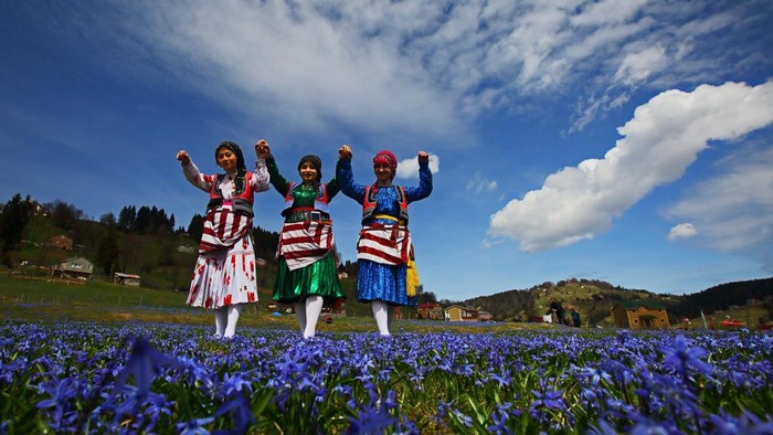 TRABZON, TURKIYE - APRIL 16: An aerial photo of people visiting a field of 