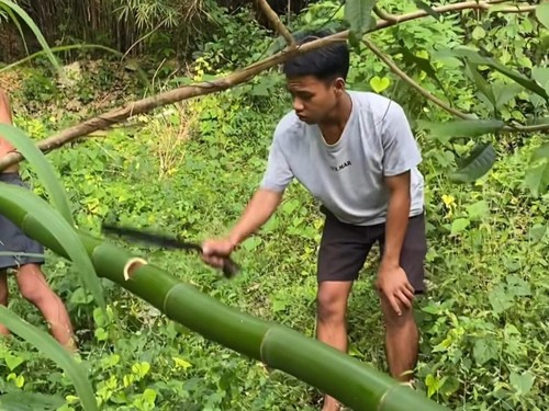 Rekan Marlon menebang bambu dari hutan di Nusa Penida untuk bahan alat gym.