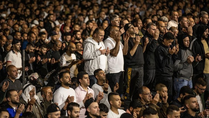 JERUSALEM - APRIL 17: An aerial view of the Muslims gather at the Al-Aqsa Mosque on the night of Laylat al-Qadr to perform prayer in Jerusalem on April 17, 2023. (Photo by Mostafa Alkharouf/Anadolu Agency via Getty Images)