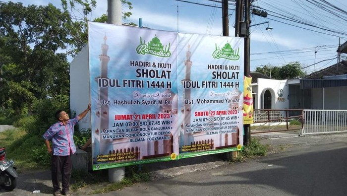 Pelaksanaan salat Id di Lapangan Ganjuran, Condongcatur dilaksanakan dua har, 21-22 April 2023.