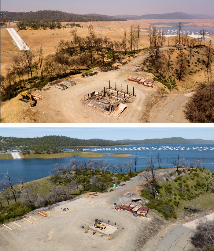 This aerial combination photo created on April 17, 2023, boats are parked on Lake Oroville near the Bidwell Bar Bridge in Oroville, California, on September 05, 2021 (top) and on April 16, 2023 (below). - A very wet winter has left California's reservoirs looking healthier than they have for years, as near-record rainfall put a big dent in a lengthy drought.
A series of atmospheric rivers -- high altitude ribbons of moisture -- chugged into the western United States, dousing a landscape that had been baked dry by years of below-average rain. (Photo by JOSH EDELSON / AFP) (Photo by JOSH EDELSON/AFP via Getty Images)