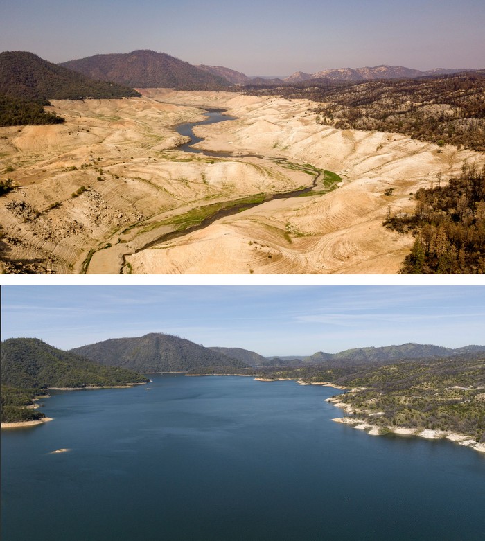 This aerial combination photo created on April 17, 2023, boats are parked on Lake Oroville near the Bidwell Bar Bridge in Oroville, California, on September 05, 2021 (top) and on April 16, 2023 (below). - A very wet winter has left Californias reservoirs looking healthier than they have for years, as near-record rainfall put a big dent in a lengthy drought.
A series of atmospheric rivers -- high altitude ribbons of moisture -- chugged into the western United States, dousing a landscape that had been baked dry by years of below-average rain. (Photo by JOSH EDELSON / AFP) (Photo by JOSH EDELSON/AFP via Getty Images)
