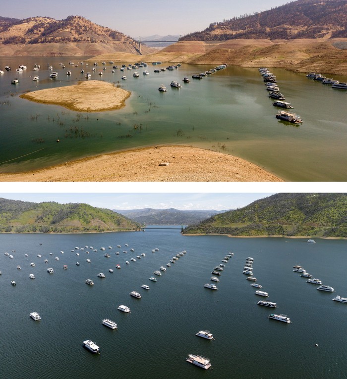 This aerial combination photo created on April 17, 2023, boats are parked on Lake Oroville near the Bidwell Bar Bridge in Oroville, California, on September 05, 2021 (top) and on April 16, 2023 (below). - A very wet winter has left California's reservoirs looking healthier than they have for years, as near-record rainfall put a big dent in a lengthy drought.
A series of atmospheric rivers -- high altitude ribbons of moisture -- chugged into the western United States, dousing a landscape that had been baked dry by years of below-average rain. (Photo by JOSH EDELSON / AFP) (Photo by JOSH EDELSON/AFP via Getty Images)