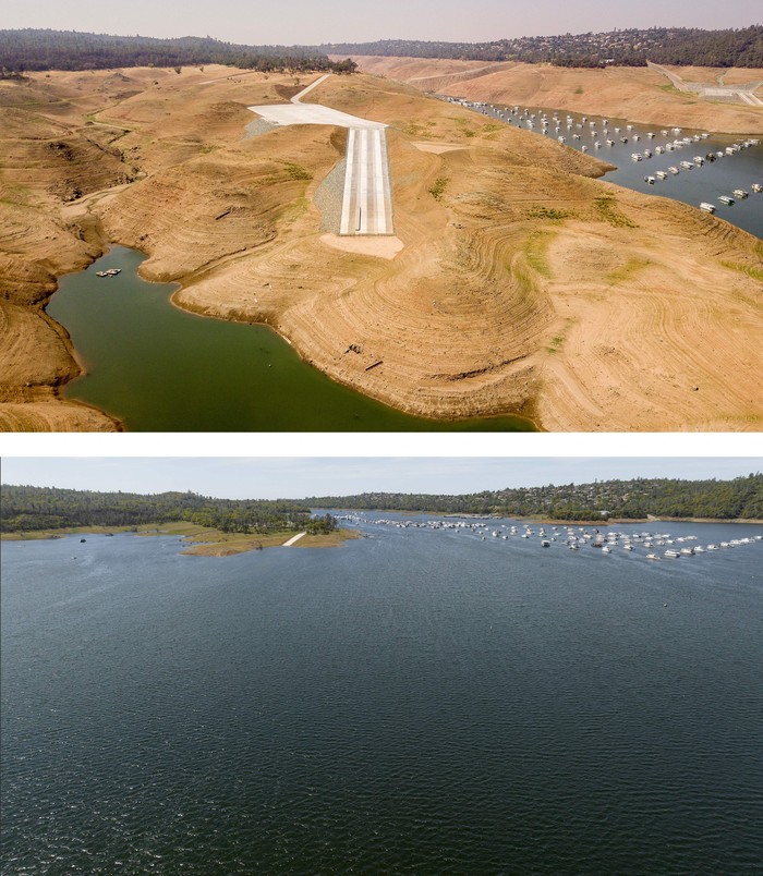 This aerial combination photo created on April 17, 2023, boats are parked on Lake Oroville near the Bidwell Bar Bridge in Oroville, California, on September 05, 2021 (top) and on April 16, 2023 (below). - A very wet winter has left California's reservoirs looking healthier than they have for years, as near-record rainfall put a big dent in a lengthy drought.
A series of atmospheric rivers -- high altitude ribbons of moisture -- chugged into the western United States, dousing a landscape that had been baked dry by years of below-average rain. (Photo by JOSH EDELSON / AFP) (Photo by JOSH EDELSON/AFP via Getty Images)
