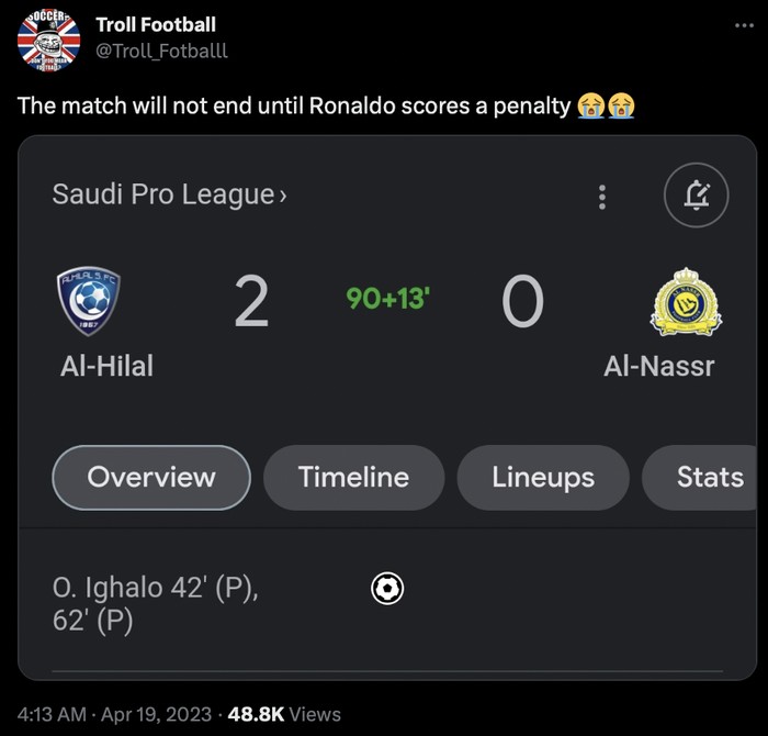 Menme Al Nassr Cristiano Ronaldo kemnali mengalami kekalakah.