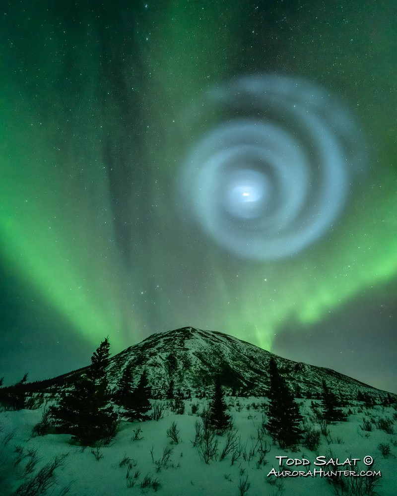 This was a first!  A mysterious gyre in the sky sails through the aurora and over Donnelly Dome, near Delta Junction, Alaska, on April 15, 2023 at 1:54 am AKDT (9:54 UTC).

WHAT IS IT?!
After doing some online research, this phenomenon appears to be rocket engine exhaust from a SpaceX Transporter-7 mission that launched on the Falcon 9 about three hours earlier in California.  Water vapor in the exhaust from the second stage engine freezes and catches high-altitude sunlight, effectively glowing and creating