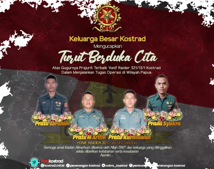 Empat prajurit TNIgugur akibat diserang KKB saat mencari pilot Susi Air, Philip Marks Methrtens. Panglima sampaikan ucapan dukacita. (IG @penkostrad)