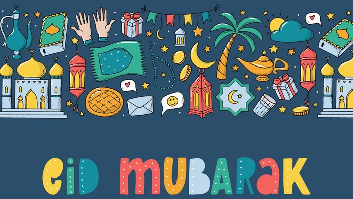 Colorful lettering quote Eid Mubarak decorated with border of doodles on blue background. Good for banners, prints, posters, greeting cards, templates, etc. EPS 10