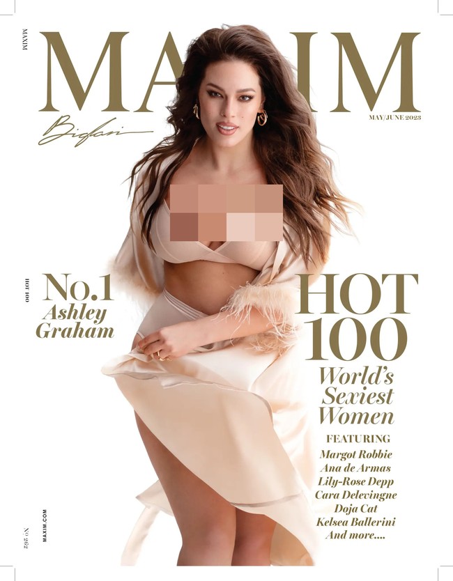 Tampil di sampul majalah edisi Hot 100, wanita 35 tahun ini mengenakan lingerie dan mantel bulu bernuansa nude. Dalam artikelnya, majalah Maxim menyebut Ashley Graham sebagai ‘Queen of Curves’. Foto: Dok. Maxim