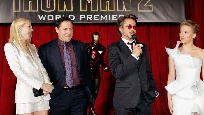 HOLLYWOOD - APRIL 26:  (L-R) Actress Gwyneth Paltrow, director Jon Favreau, actor Robert Downey Jr. and actress Scarlett Johansson speak at the Iron Man 2 World Premiere at El Capitan Theatre on April 26, 2010 in Hollywood, California.  (Photo by Jeff Vespa/WireImage)