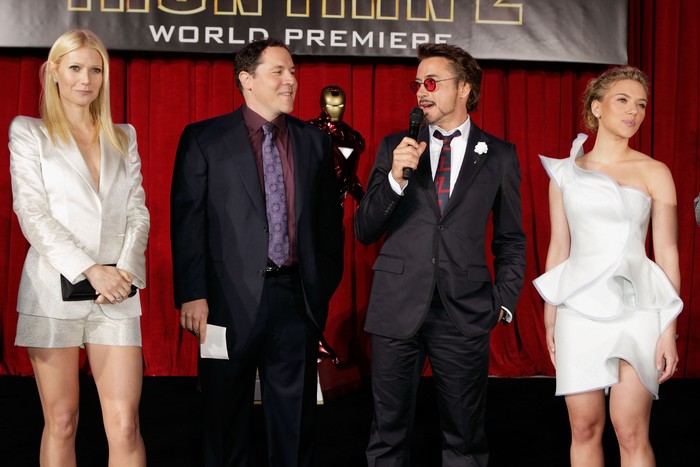 HOLLYWOOD - APRIL 26:  (L-R) Actress Gwyneth Paltrow, director Jon Favreau, actor Robert Downey Jr. and actress Scarlett Johansson speak at the 