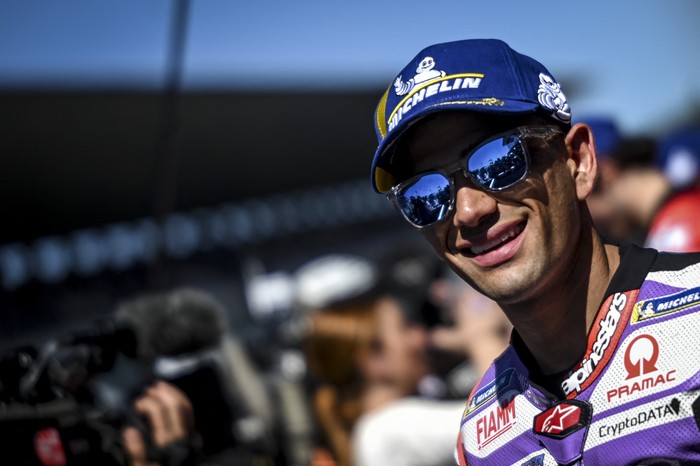 Ducati Spanish rider Jorge Martin smiles after the MotoGP qualifying session of the Portuguese Grand Prix at the Algarve International Circuit in Portimao on March 25, 2023. (Photo by PATRICIA DE MELO MOREIRA / AFP) (Photo by PATRICIA DE MELO MOREIRA/AFP via Getty Images)