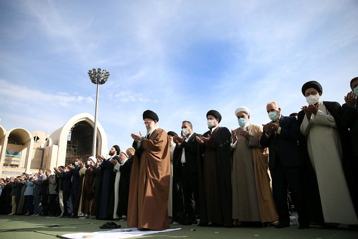 Irans Supreme Leader Ayatollah Ali Khamenei attends Eid al-Fitr prayer marking the end of the holy fasting month of Ramadan in Tehran, Iran April 22, 2023. Office of the Iranian Supreme Leader/WANA (West Asia News Agency) via REUTERS ATTENTION EDITORS - THIS IMAGE HAS BEEN SUPPLIED BY A THIRD PARTY.