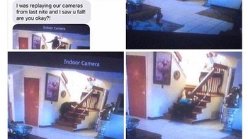 Jatuh dari tangga dan tertangkap CCTV. Foto: upvotemypics via Bored Panda