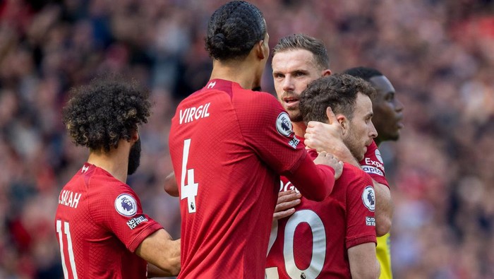 LIVERPOOL, ENGLAND - APRIL 22: Diogo Jota of Liverpool celebrates his goal to make it 2-1 during the Premier League match between Liverpool FC and Nottingham Forest at Anfield on April 22, 2023 in Liverpool, United Kingdom. (Photo by MB Media/Getty Images)