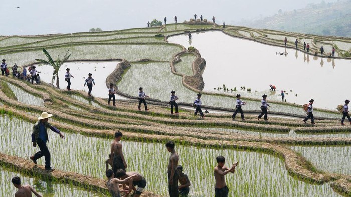 HONGHE, CHINA - APRIL 22: Aerial view of villagers of the Hani ethnic group singing and dancing to celebrate the 