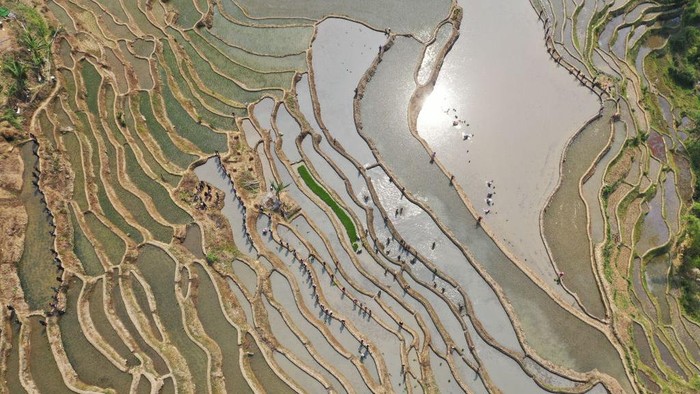 1484325803 HONGHE, CHINA - APRIL 22: Aerial view of villagers of the Hani ethnic group singing and dancing to celebrate the