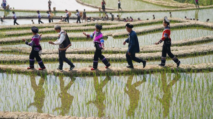 1484325803 HONGHE, CHINA - APRIL 22: Aerial view of villagers of the Hani ethnic group singing and dancing to celebrate the