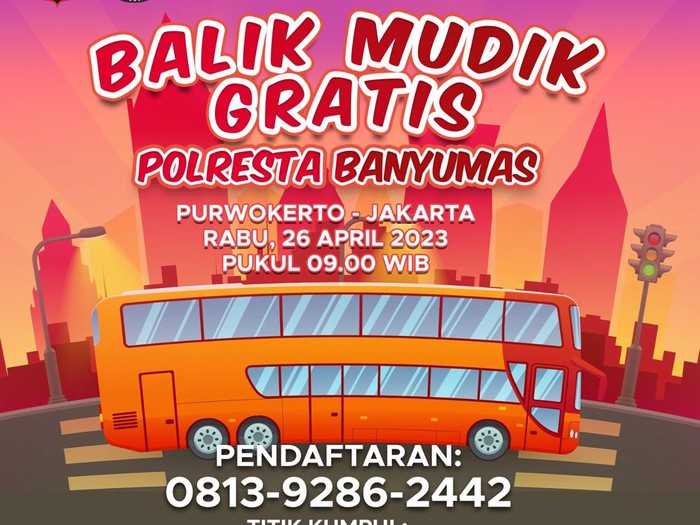 Poster Balik Mudik Gratis oleh Polresta Banyumas, Senin (24/4/2023).
