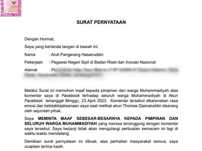 Surat pernyataan permintaan maaf peneliti Pusat Riset Antariksa BRIN, Andi Pangerang Hasanuddin, kepada Muhammadiyah.