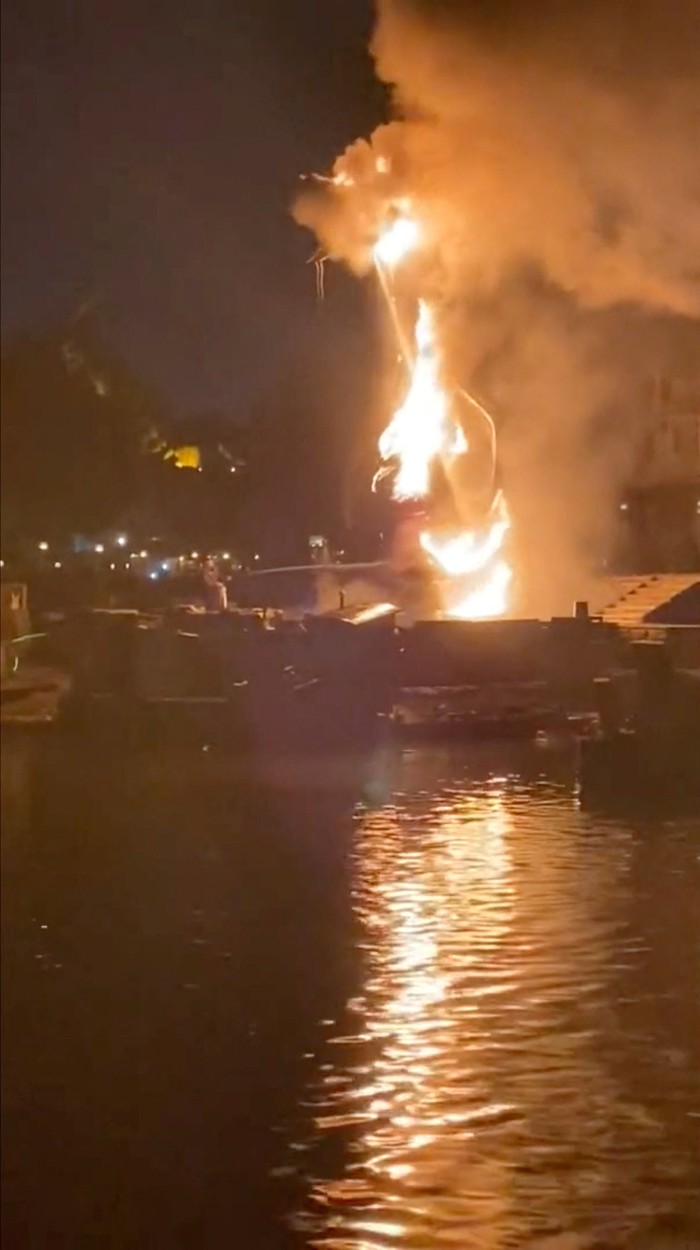 USA-DISNEY/FIRE A dragon attraction burns after catching fire at Disneyland, in Anaheim, California, U.S., April 22, 2023 in this screen grab obtained from a social media video. @LearnThisBiz/TMX/via REUTERS THIS IMAGE HAS BEEN SUPPLIED BY A THIRD PARTY. MANDATORY CREDIT. NO RESALES. NO ARCHIVES.