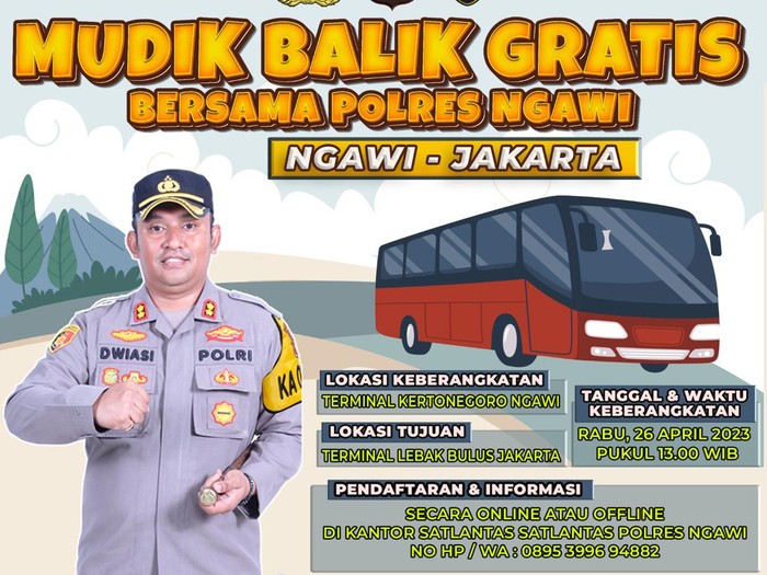 Bagi detikers yang ingin balik dari Ngawi ke Jakarta secara gratis, ini solusinya. Polres Ngawi membuka pendaftaran untuk balik mudik Lebaran 2023.