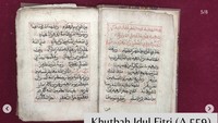 Khutbah Idulfitri A 559. Naskah kuno ini memuat khotbah pertama dan kedua dalam ibadah salat Hari Raya Idulfitri. Tidak seperti teks dalam khotbah yang lainnya, dalam naskah ini khatib disunnahkan mengucap takbir sebanyak sembilan kali sebelum khotbah pertama dan tujuh kali sebelum khotbah kedua.Foto: (Dok Naskah Kuno-Perpusnas RI)