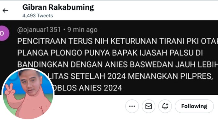Header atau banner twitter pribadi Gibran Rakabuming Raka.